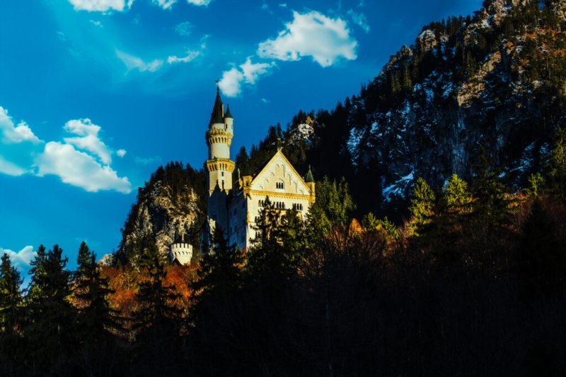 Foto von Schloss Neuschwanstein, umgeben von einem Wald und vor einer Bergkulisse bei blauem Himmel.