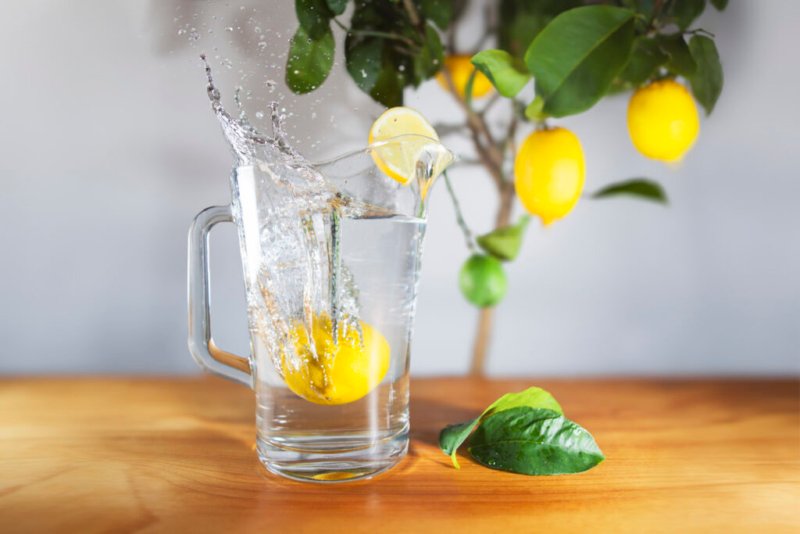 Eine Zitrone fällt in eine Karaffe voll Wasser und erzeugt eine dynamische Wasserspritzer-Szene auf einem Holztisch vor einem Zitronenbaum.
