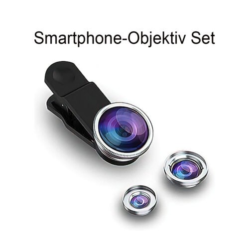 Smartphone-Objektivset mit Weitwinkel-, Makro- und Fischaugenobjektiven.