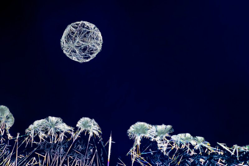 Abstraktes Makrofoto von Coffeinkristallen, deren Komposition an einen Vollmond über einer Winterlandschaft erinnert.