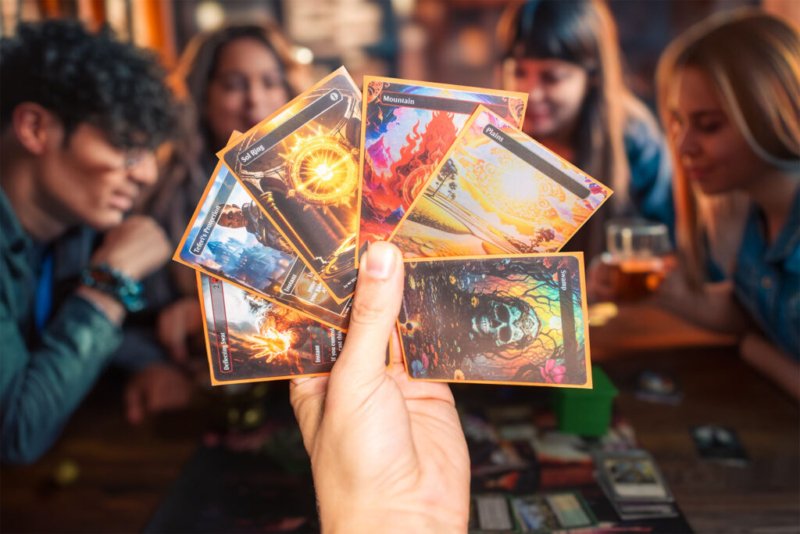 Produktfoto von Spielkarten, eine Hand hält Karten mit Illustrationen, während im Hintergrund eine Gruppe von vier Personen spielt.