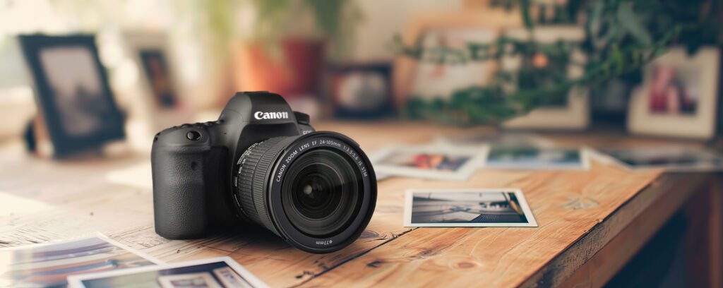 Foto einer Canon-Kamera auf einem Holztisch, umgeben von mehreren gedruckten Fotos aus dem Portfolio von Max Simson.