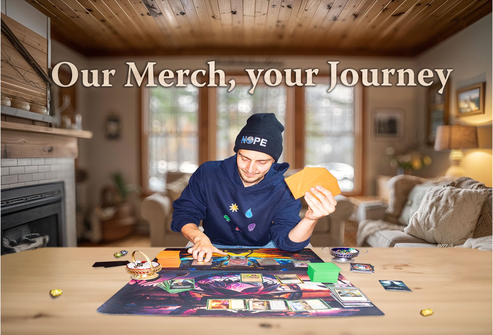Branding-Foto einer Spielefirma, ein Mann sitzt an einem Tisch und hält Karten, im Hintergrund der Text 'Our Merch, your Journey' in einem Wohnzimmer