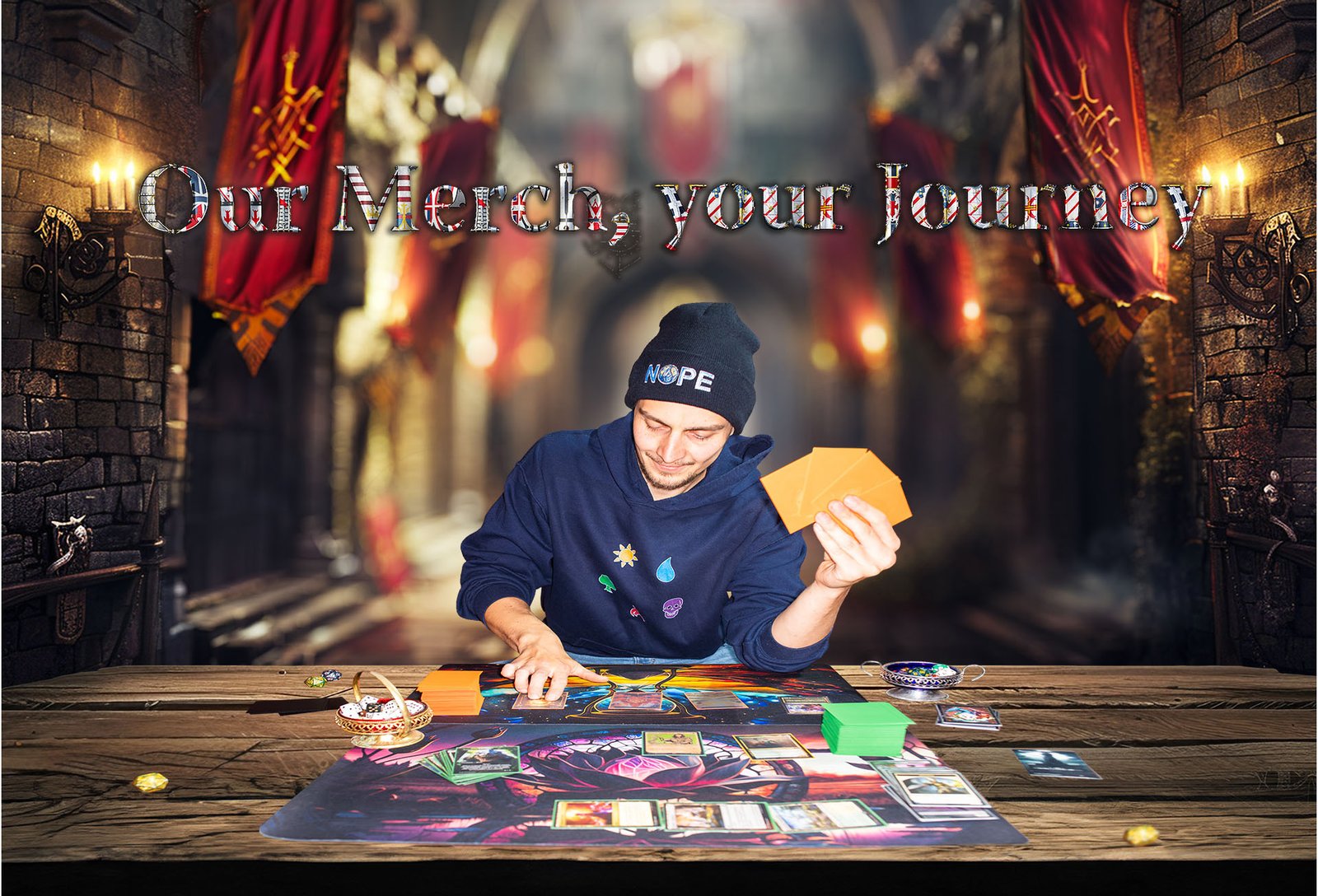 Branding-Foto einer Spielefirma, ein Mann sitzt an einem Tisch und hält Karten, im Hintergrund der Text 'Our Merch, your Journey' in einer mittelalterlich anmutenden Halle.