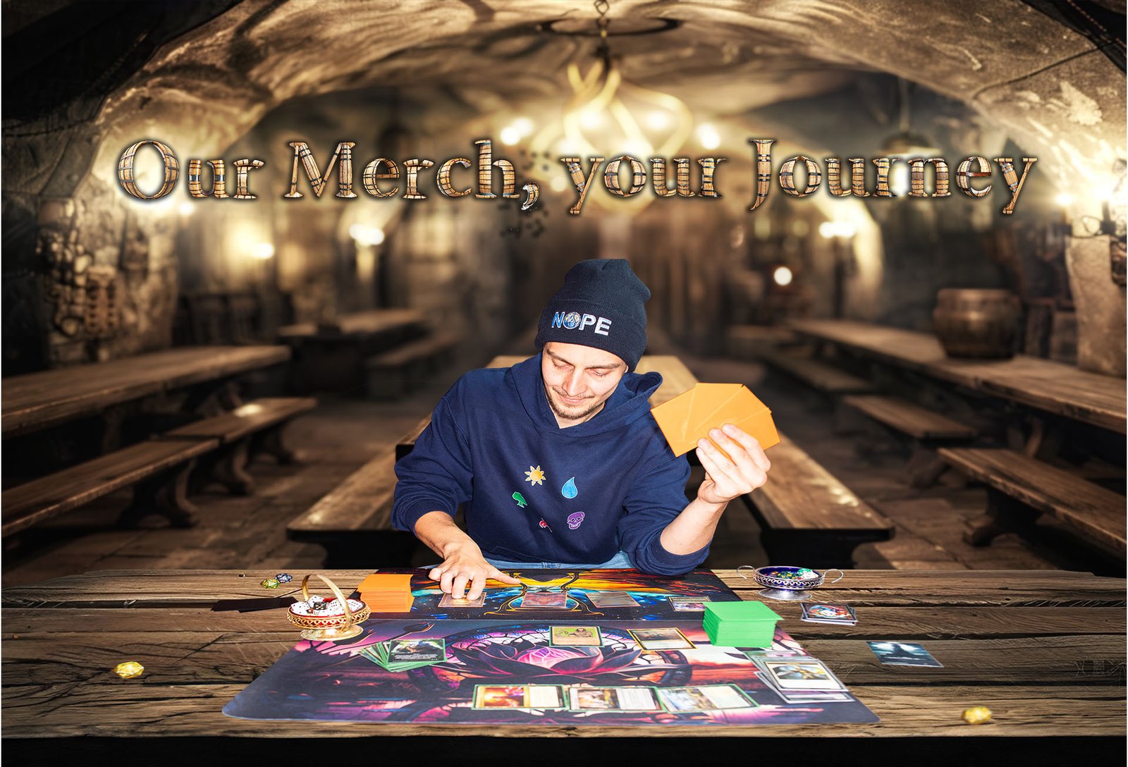 Branding-Foto einer Spielefirma, ein Mann sitzt an einem Tisch und hält Karten, im Hintergrund der Text 'Our Merch, your Journey' in einem rustikalen Gasthaus.