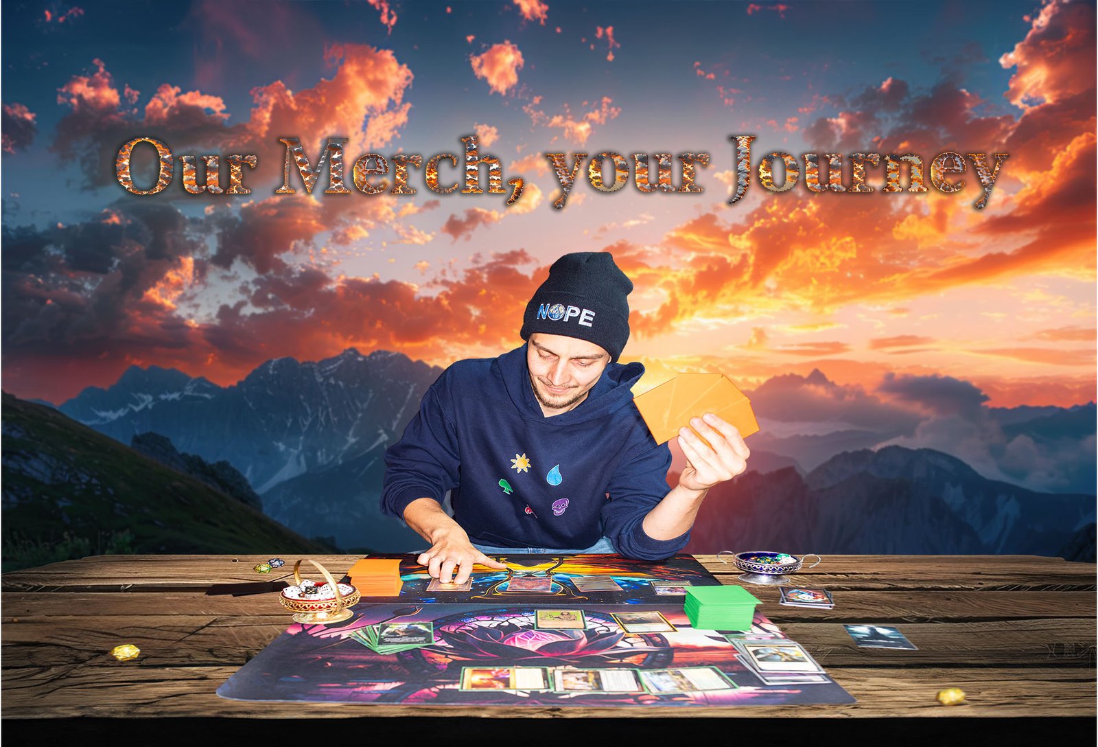 Branding-Foto einer Spielefirma, ein Mann sitzt an einem Tisch und hält Karten, im Hintergrund der Text 'Our Merch, your Journey' vor einem farbenprächtigen Sonnenuntergang