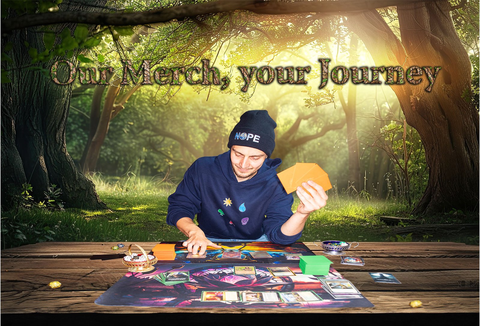 Alt-Text: "Branding-Foto einer Spielefirma, ein Mann sitzt an einem Tisch und hält Karten, im Hintergrund der Text 'Our Merch, your Journey' in einem Wald.