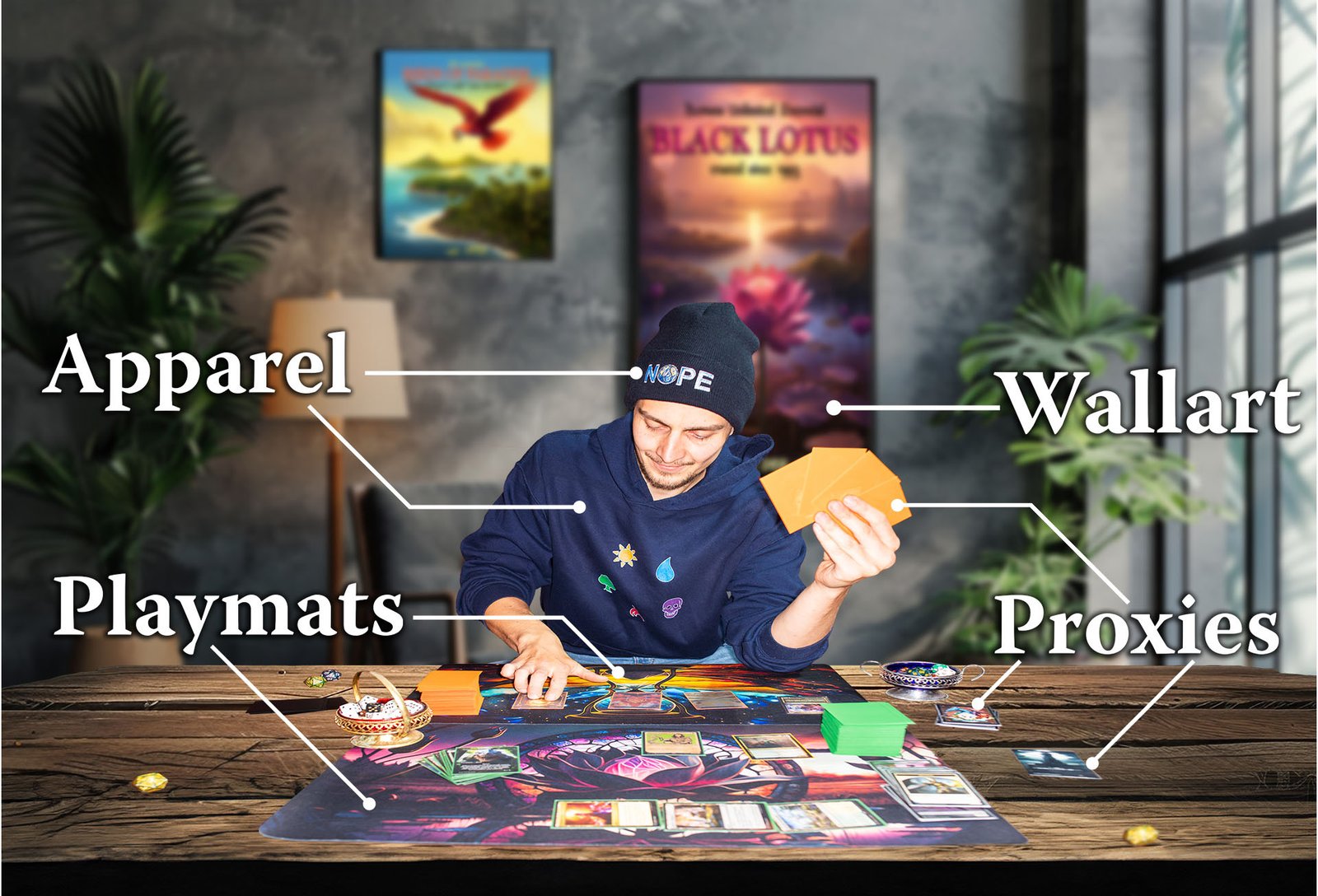 Branding-Foto einer Spielefirma, das verschiedene Produkte wie Apparel, Playmats, Proxies und Wallart zeigt.